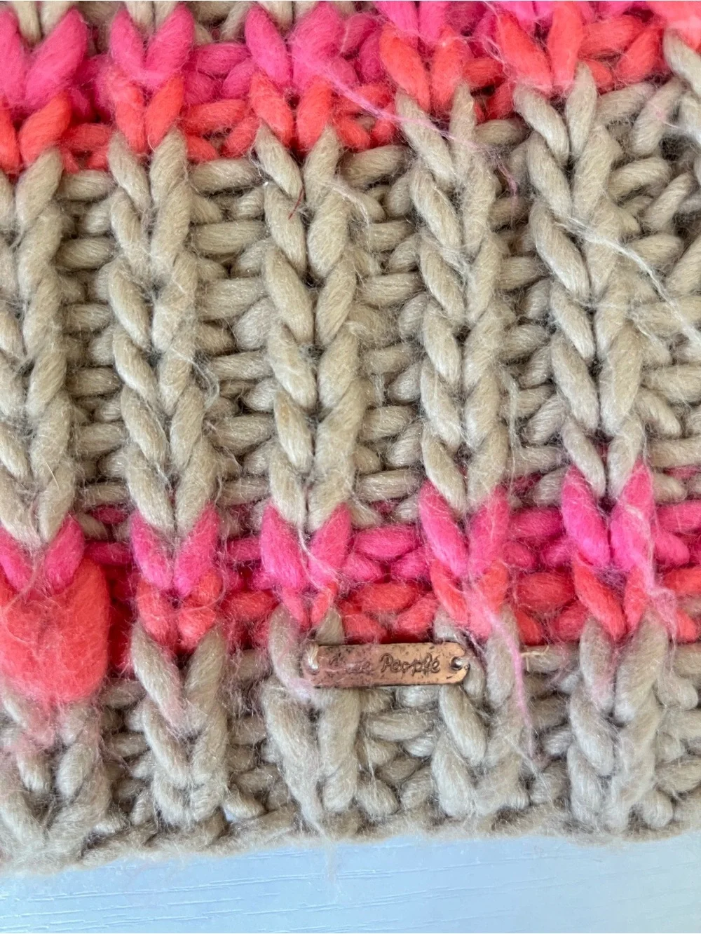 Free People tan brown pink orange striped slouchy pom pom beanie one size - Picture 3 of 6